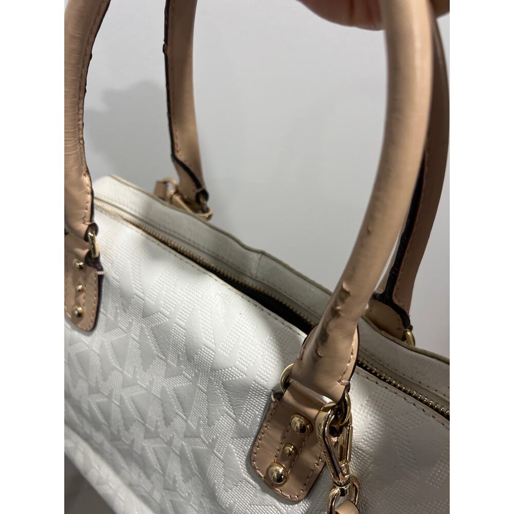 Michael Kors Monogram Cream Satchel Leather Trim Elegant Handbag - Picture 7 of 12